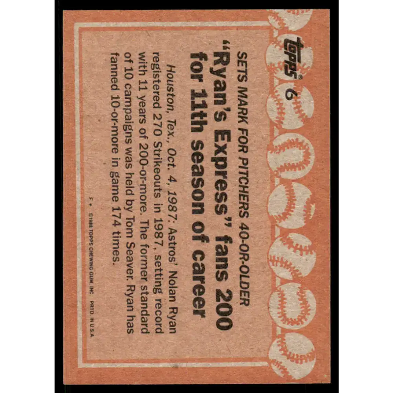 1988 Topps #6 Nolan Ryan EX/NM Houston Astros Baseball Card - Baseball Card Single