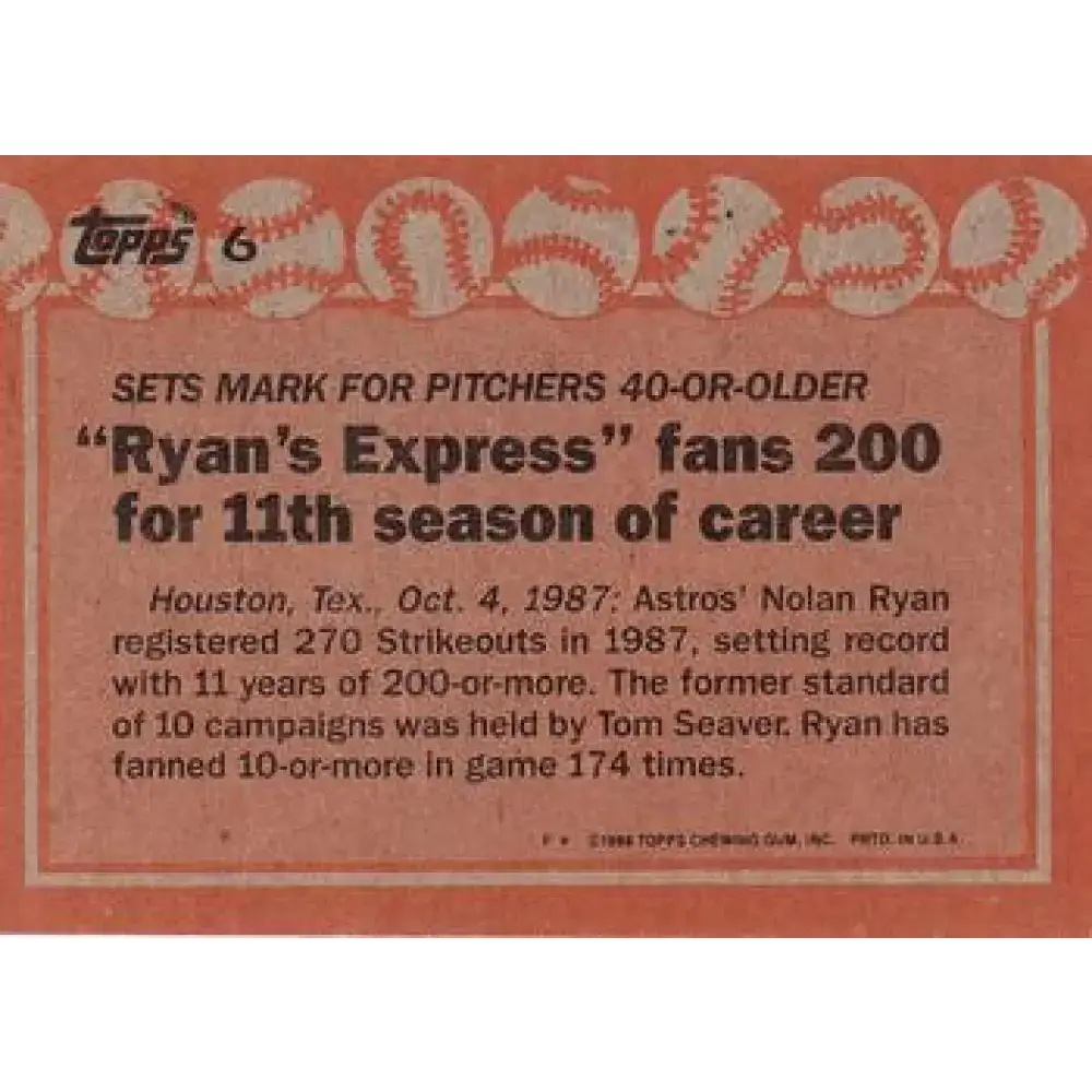 1988 Topps #6 Nolan Ryan NM-MT Houston Astros Baseball Card - Baseball Card Single