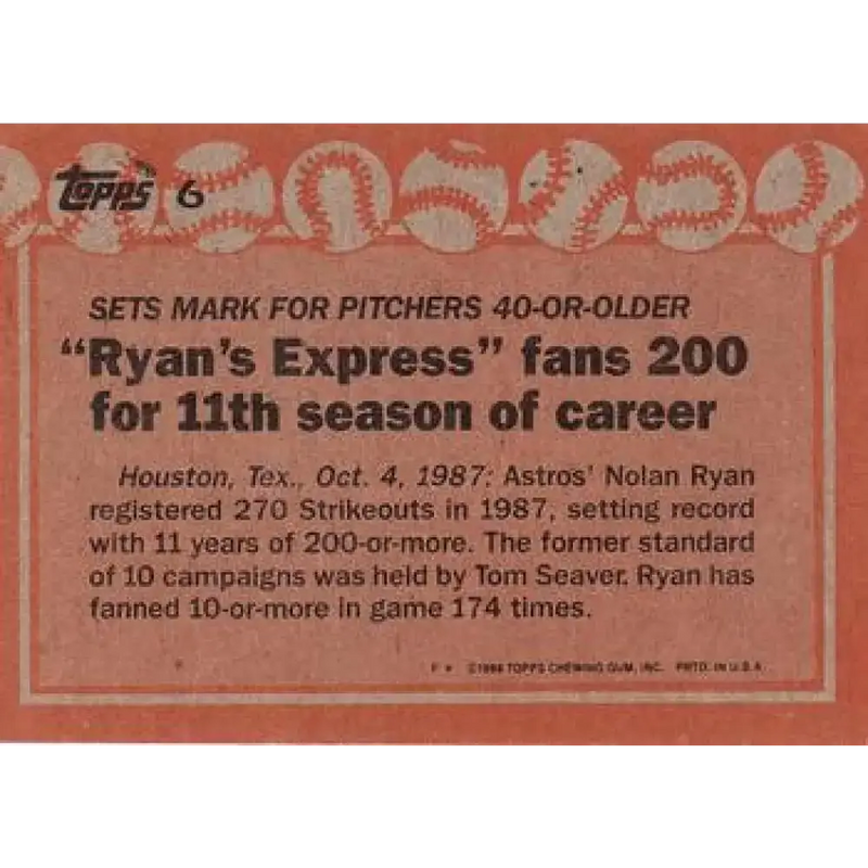 1988 Topps #6 Nolan Ryan NM-MT Houston Astros Baseball Card - Baseball Card Single