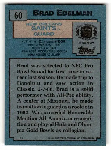 Original gloss Brad Edelman football card from 1988 Topps Orleans Saints football team
