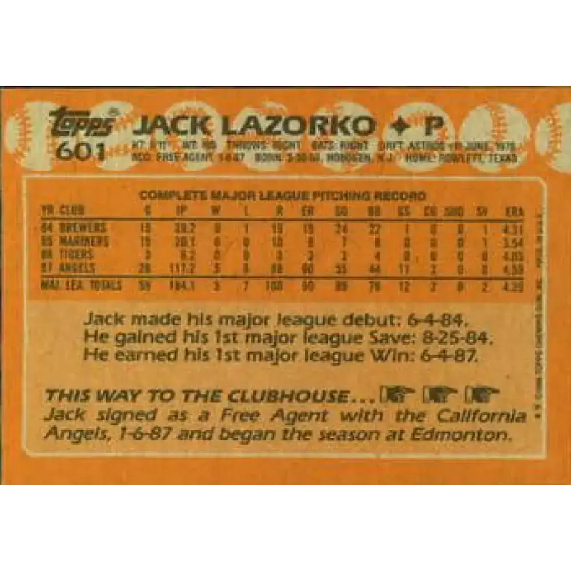 1988 Topps #601 Jack Lazorko NM-MT California Angels Baseball Card - Baseball Card Single