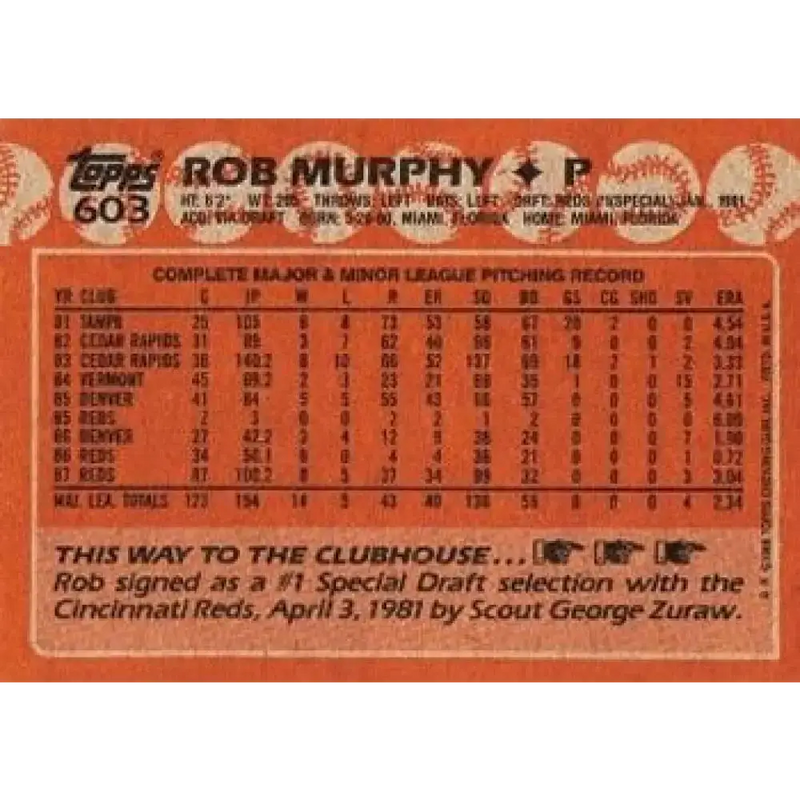 1988 Topps #603 Rob Murphy NM-MT Cincinnati Reds Baseball Card - Baseball Card Single