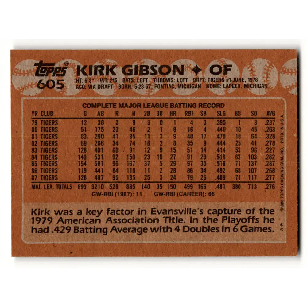 1988 Topps #605 Kirk Gibson NM-MT Detroit Tigers Baseball Card - Baseball Card Single
