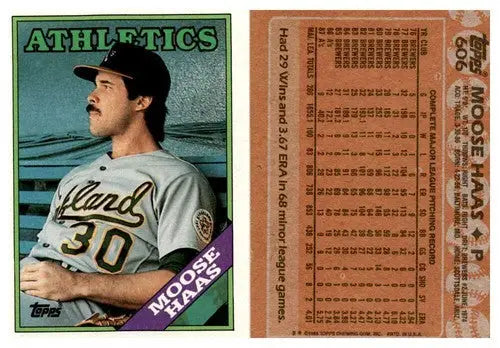 Original Gloss Moose Haas baseball card from 1988 Topps #606 featuring Moose Haas and Simply Sandoval