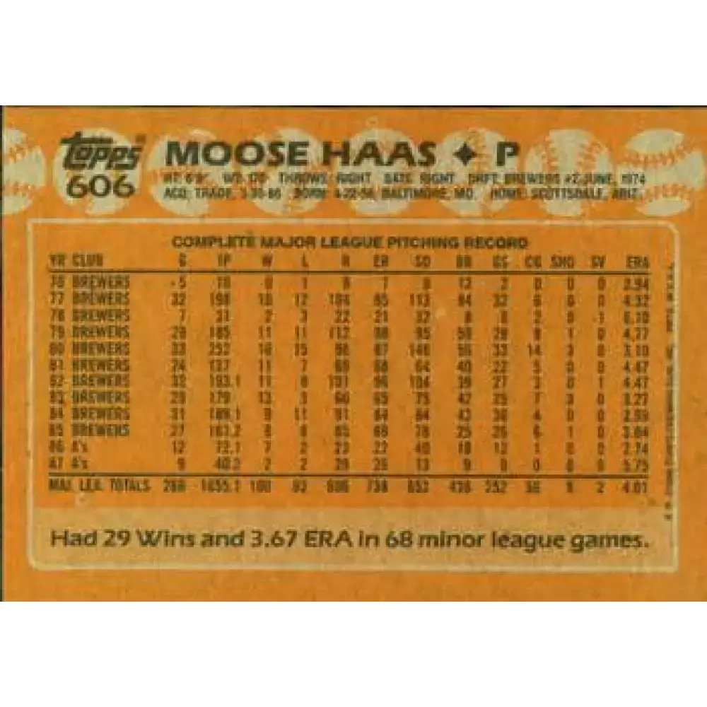 1988 Topps #606 Moose Haas NM-MT Oakland Athletics Baseball Card - Baseball Card Single