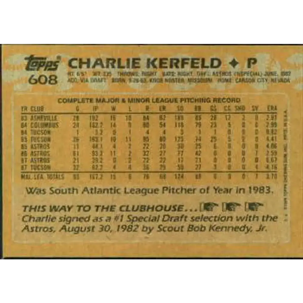 1988 Topps #608 Charlie Kerfeld NM-MT Houston Astros Baseball Card - Baseball Card Single