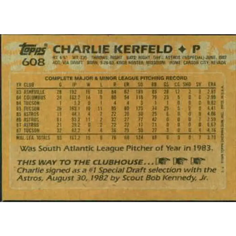 1988 Topps #608 Charlie Kerfeld NM-MT Houston Astros Baseball Card - Baseball Card Single