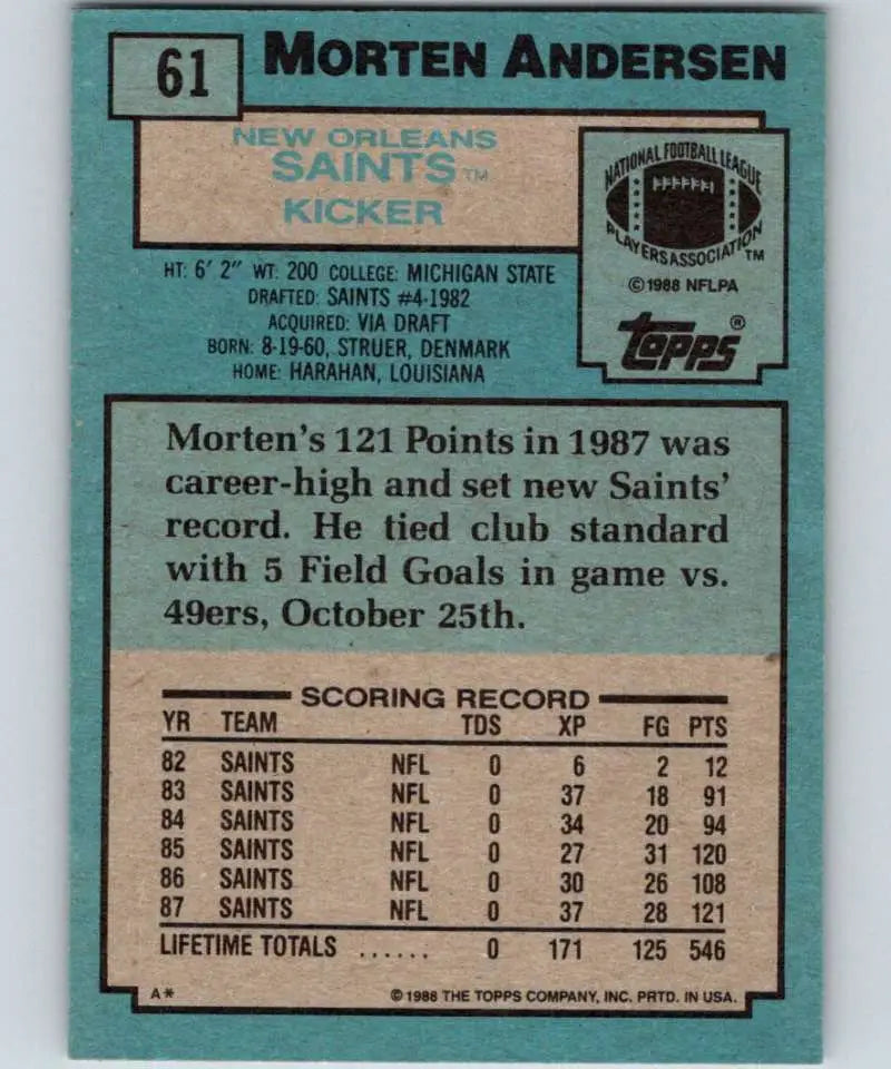 1988 Topps #61 Morten Andersen EX Excellent New Orleans Saints Football Card - Football Card Single
