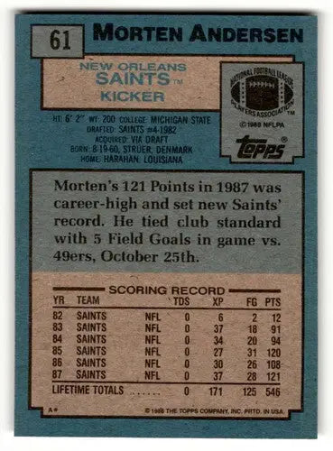 Original gloss Morten Andersen Saints football card from 1988 Topps series
