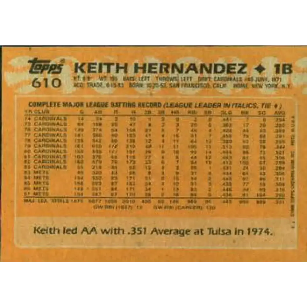1988 Topps #610 Keith Hernandez NM-MT New York Mets Baseball Card - Baseball Card Single