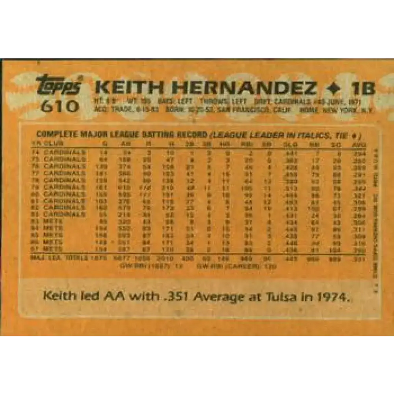 1988 Topps #610 Keith Hernandez NM-MT New York Mets Baseball Card - Baseball Card Single