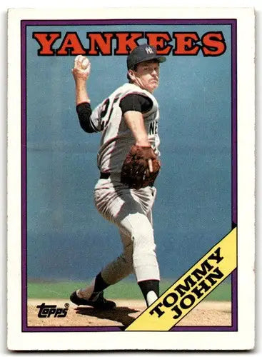 Original gloss 1988 Topps Tommy John baseball card featuring Yankees player Simply Sandoval