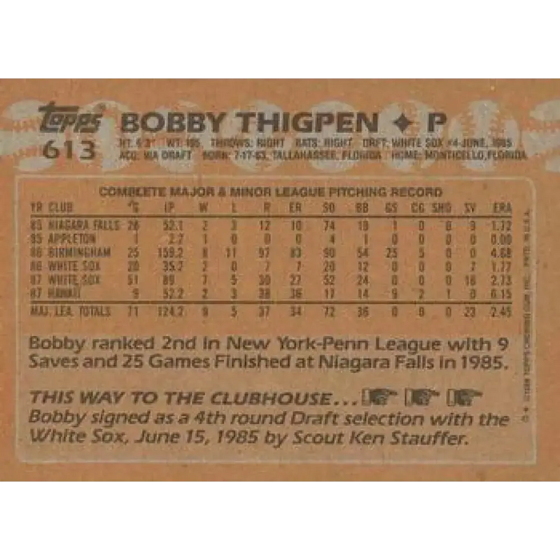 1988 Topps #613 Bobby Thigpen NM-MT Chicago White Sox Baseball Card - Baseball Card Single