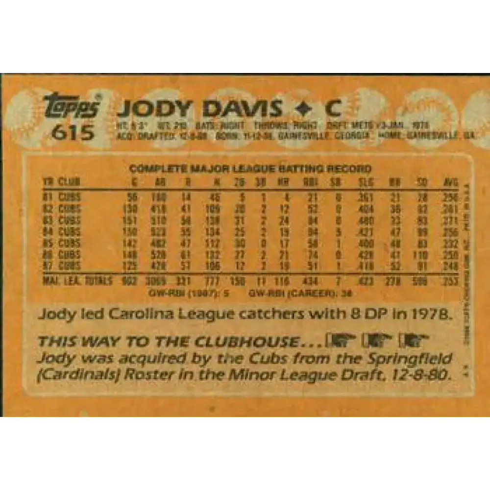 1988 Topps #615 Jody Davis NM-MT Chicago Cubs Baseball Card - Baseball Card Single