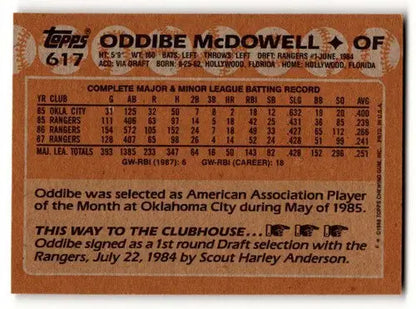 Baseball card back with original gloss of Oddibe McDowell Texas Rangers 1988 Topps #617
