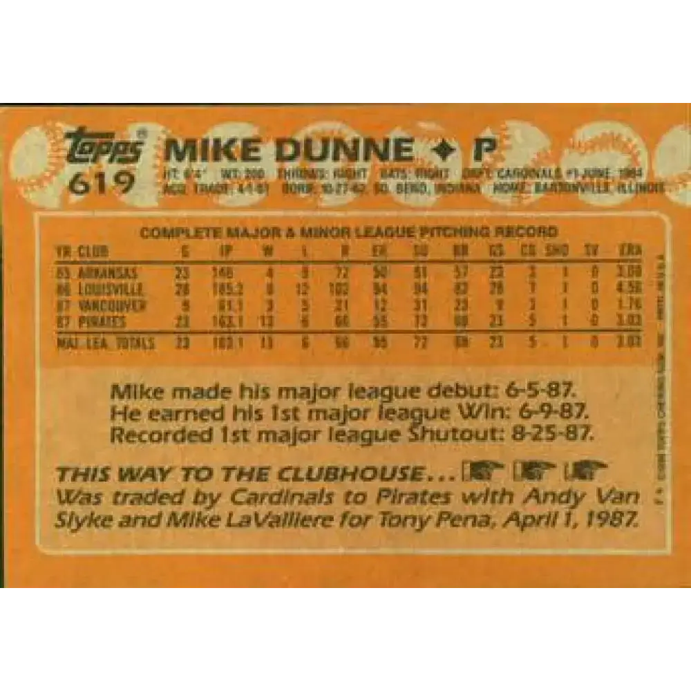 1988 Topps #619 Mike Dunne NM-MT Pittsburgh Pirates Baseball Card - Baseball Card Single