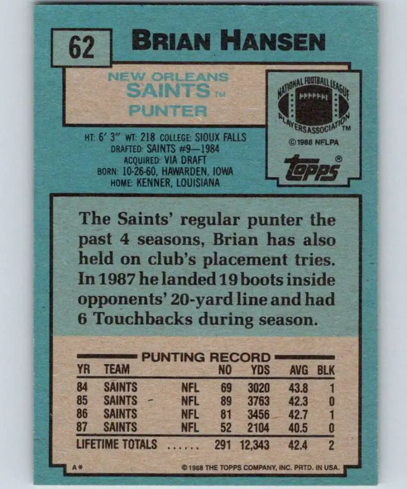 1988 Topps #62 Brian Hansen EX Excellent New Orleans Saints Football Card - Football Card Single