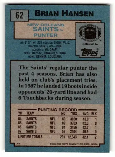 Original gloss Brian Hansen Saints football card from 1988 Topps #62 in EX/NM condition