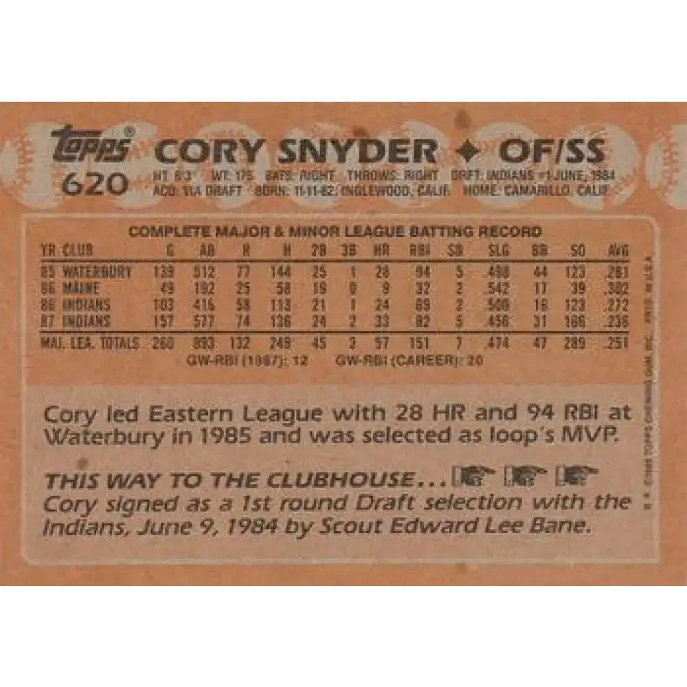 1988 Topps #620 Cory Snyder NM-MT Cleveland Indians Baseball Card - Baseball Card Single