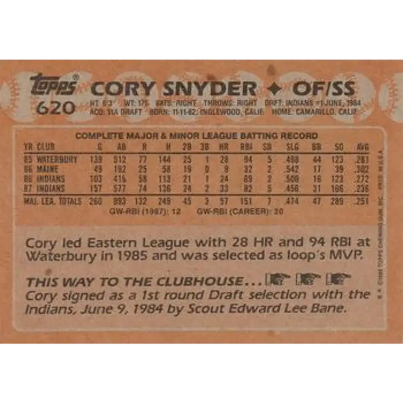 1988 Topps #620 Cory Snyder NM-MT Cleveland Indians Baseball Card - Baseball Card Single
