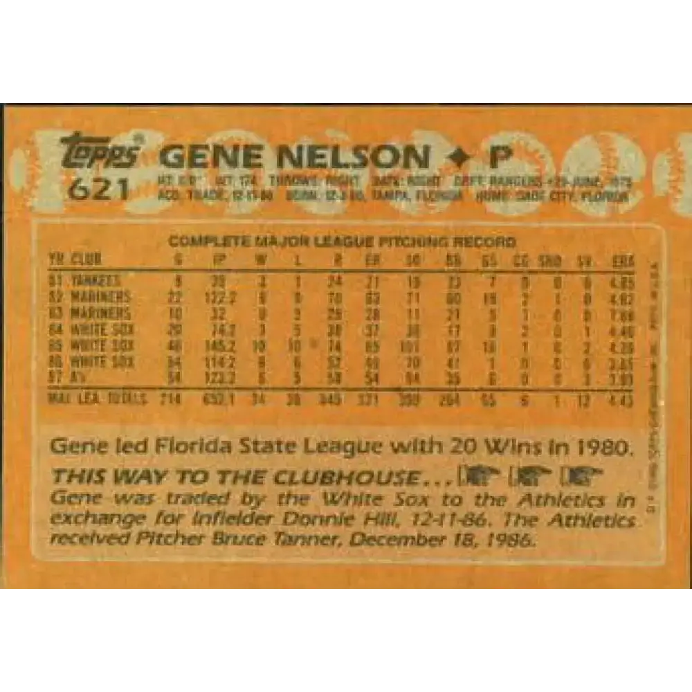 1988 Topps #621 Gene Nelson NM-MT Oakland Athletics Baseball Card - Baseball Card Single