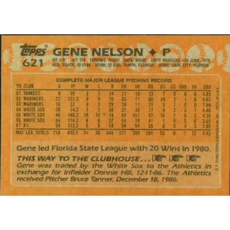 1988 Topps #621 Gene Nelson NM-MT Oakland Athletics Baseball Card - Baseball Card Single