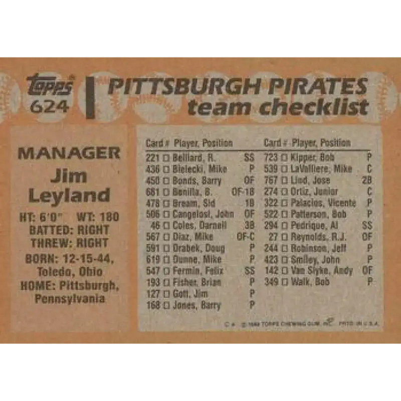 1988 Topps #624 Jim Leyland NM-MT Pittsburgh Pirates Baseball Card - Baseball Card Single