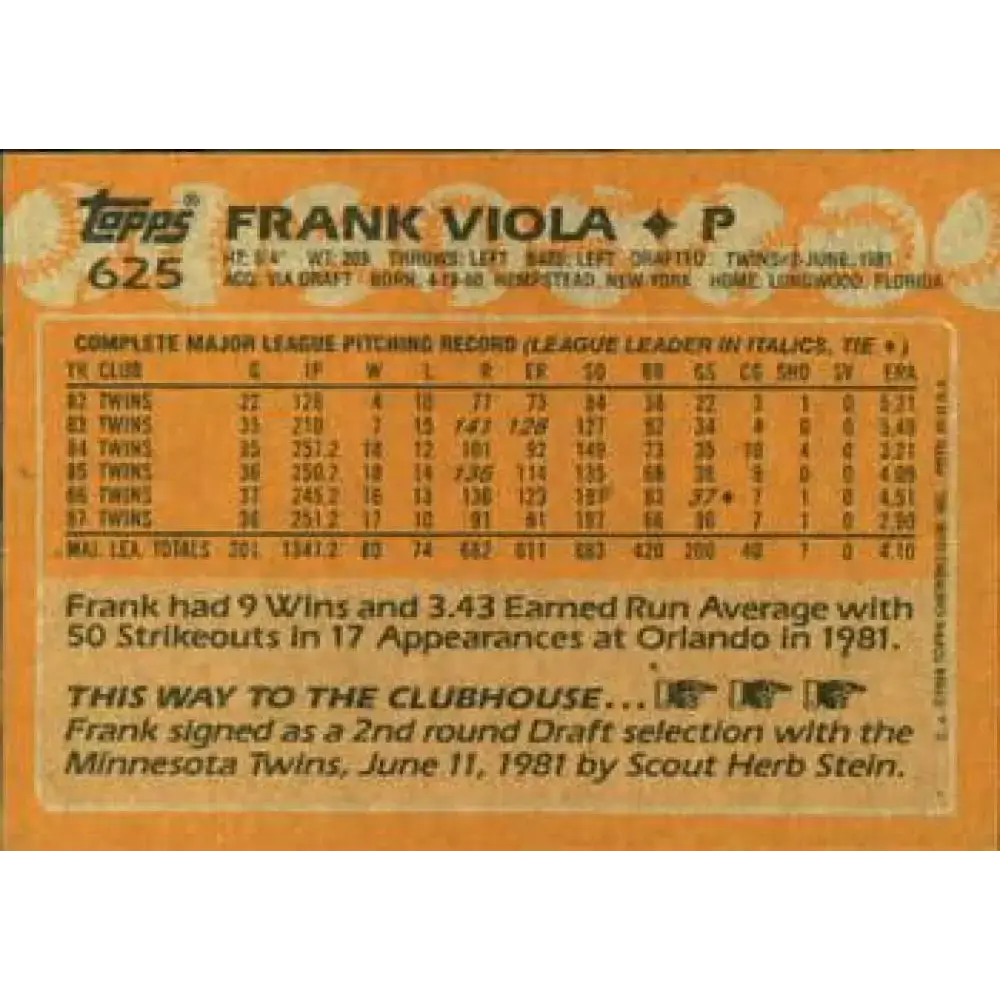 1988 Topps #625 Frank Viola NM-MT Minnesota Twins Baseball Card - Baseball Card Single