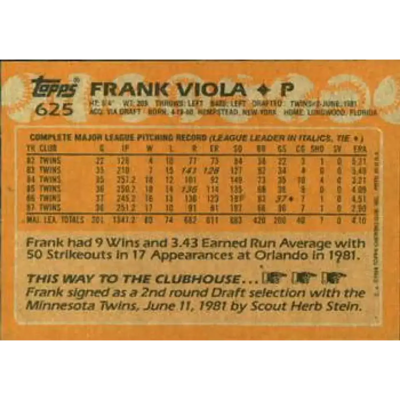 1988 Topps #625 Frank Viola NM-MT Minnesota Twins Baseball Card - Baseball Card Single