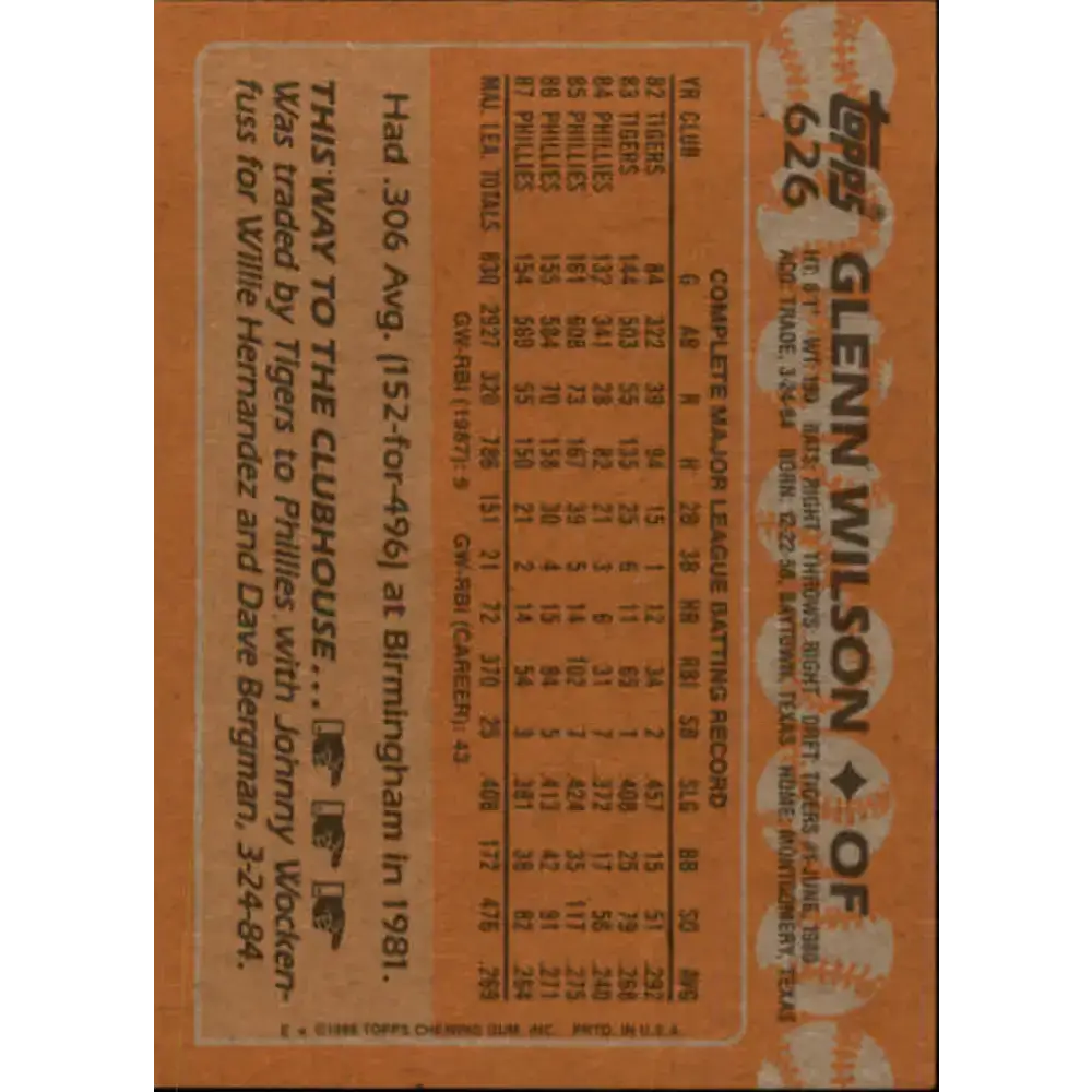1988 Topps #626 Glenn Wilson NM-MT Philadelphia Phillies Baseball Card - Baseball Card Single