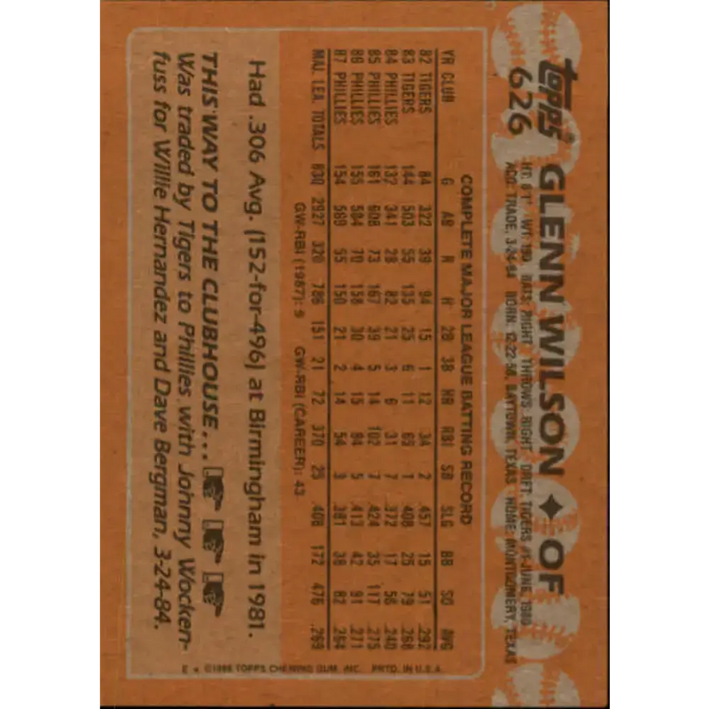 1988 Topps #626 Glenn Wilson NM-MT Philadelphia Phillies Baseball Card - Baseball Card Single