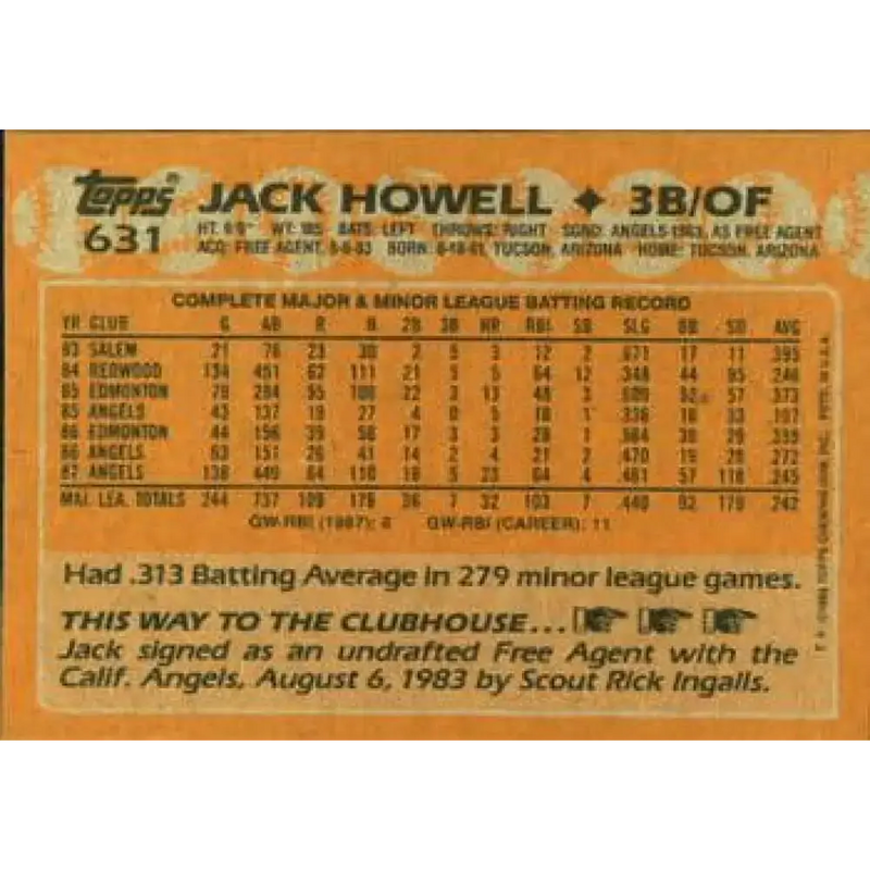 1988 Topps #631 Jack Howell NM-MT California Angels Baseball Card - Baseball Card Single