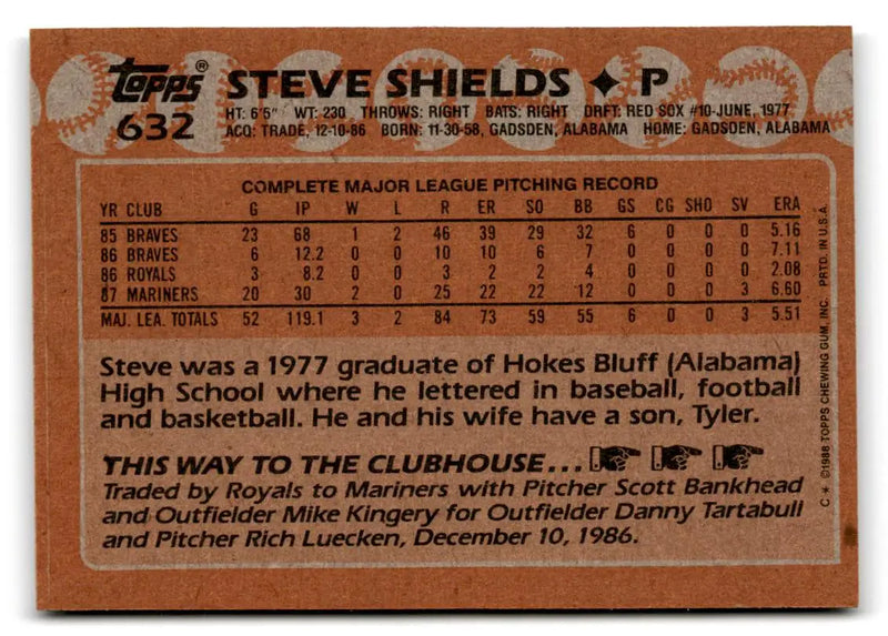 1988 Topps #632 Steve Shields - Baseball Card Single