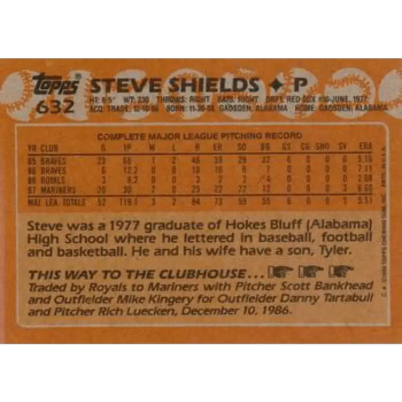 1988 Topps #632 Steve Shields NM-MT Seattle Mariners Baseball Card - Baseball Card Single