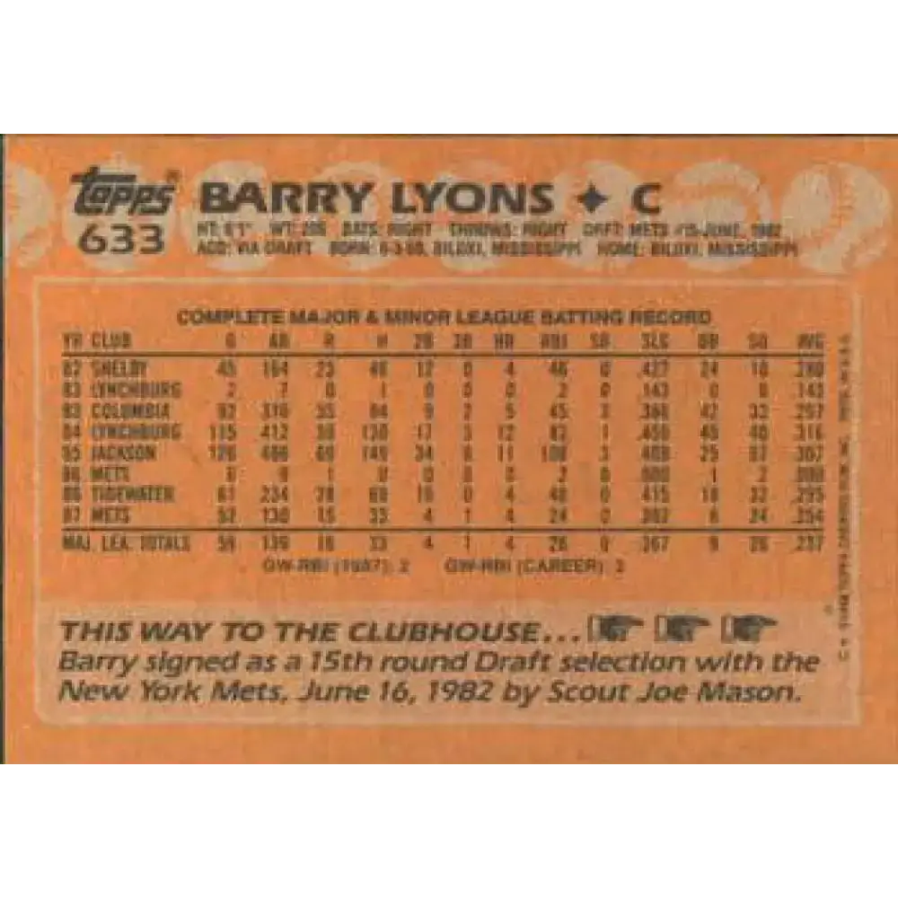 1988 Topps #633 Barry Lyons NM-MT RC Rookie New York Mets Baseball Card - Baseball Card Single
