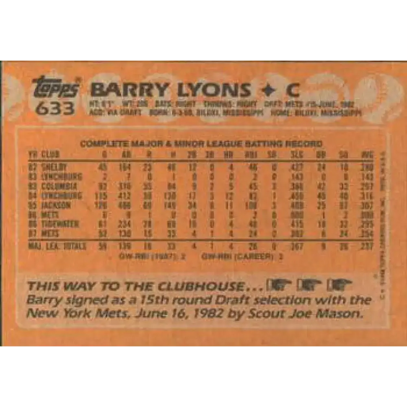 1988 Topps #633 Barry Lyons NM-MT RC Rookie New York Mets Baseball Card - Baseball Card Single