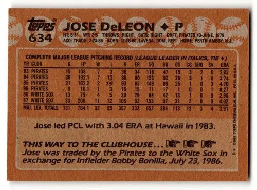 Jose DeLeon Chicago White Sox baseball card back front side view