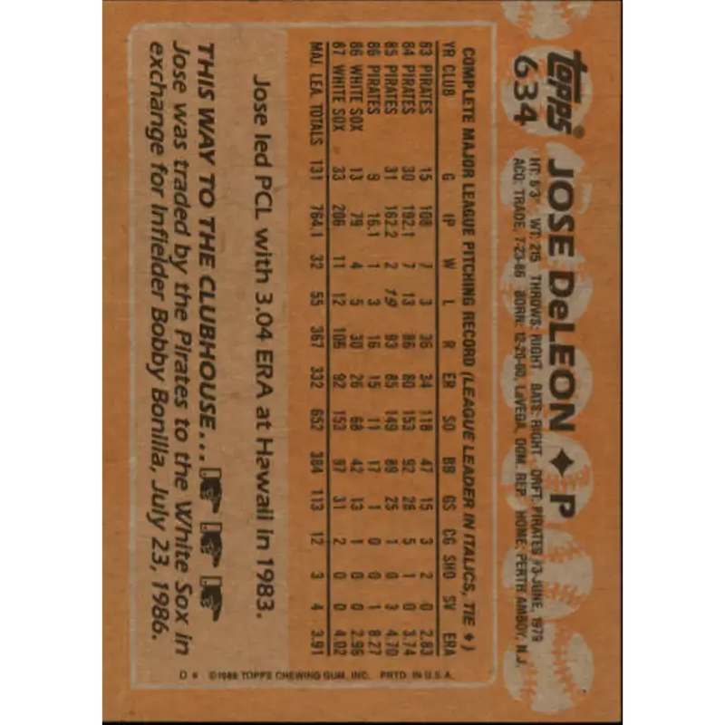 1988 Topps #634 Jose DeLeon NM-MT Chicago White Sox Baseball Card - Baseball Card Single