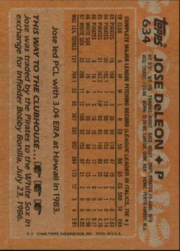 Baseball card back showcasing original gloss for Jose DeLeon 1988 Topps #634 NM-MT