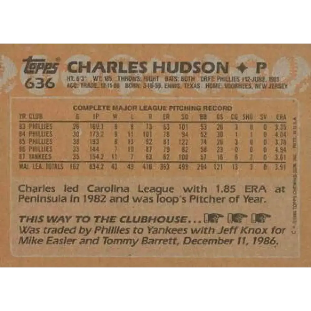 1988 Topps #636 Charles Hudson NM-MT New York Yankees Baseball Card - Baseball Card Single