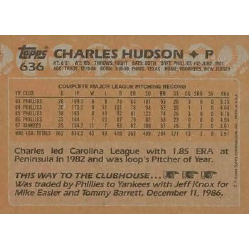 1988 Topps #636 Charles Hudson NM-MT New York Yankees Baseball Card - Baseball Card Single