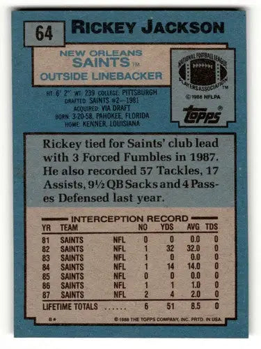Rickey Jackson Saints football card from 1988 Topps series showcasing Saints football cards
