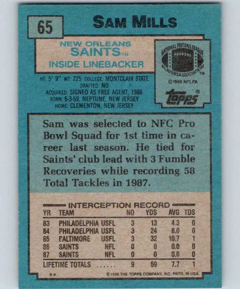 1988 Topps #65 Sam Mills EX Excellent RC Rookie New Orleans Saints Football Card - Football Card Single