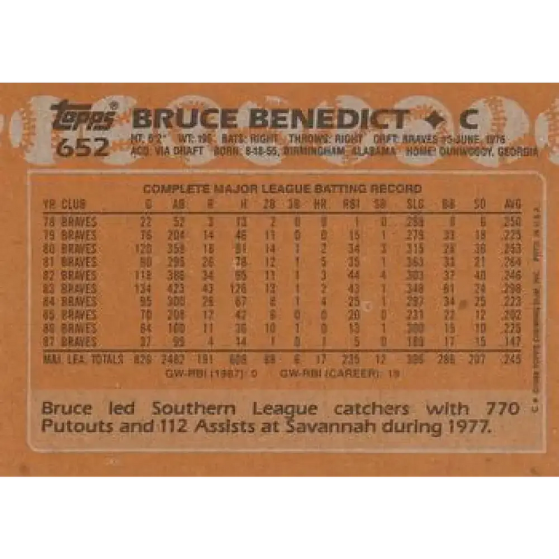 1988 Topps #652 Bruce Benedict NM-MT Atlanta Braves Baseball Card - Baseball Card Single