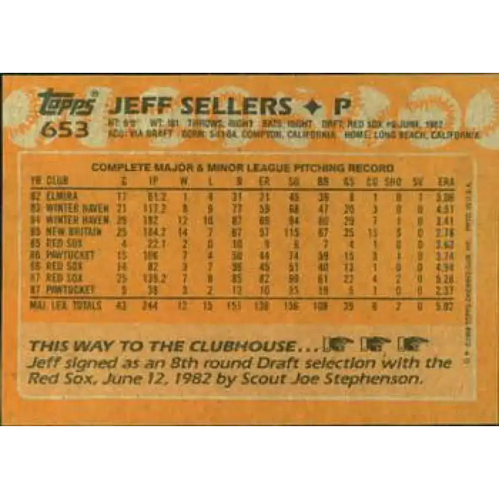 1988 Topps #653 Jeff Sellers NM-MT Boston Red Sox Baseball Card - Baseball Card Single