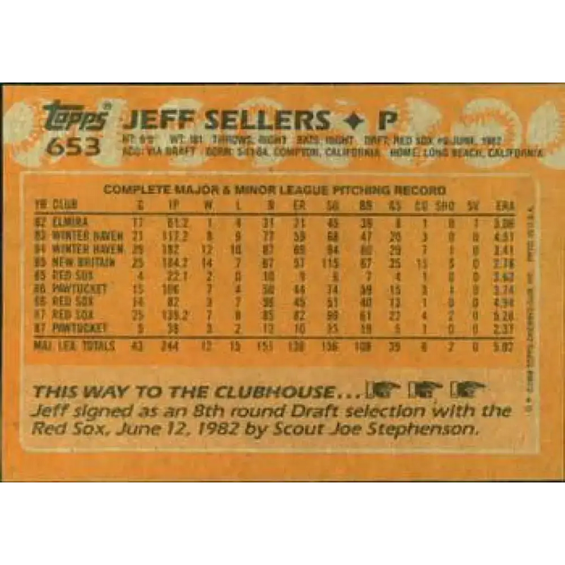 1988 Topps #653 Jeff Sellers NM-MT Boston Red Sox Baseball Card - Baseball Card Single