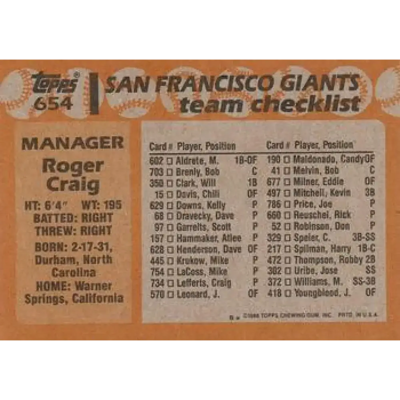 1988 Topps #654 Roger Craig NM-MT San Francisco Giants Baseball Card - Baseball Card Single