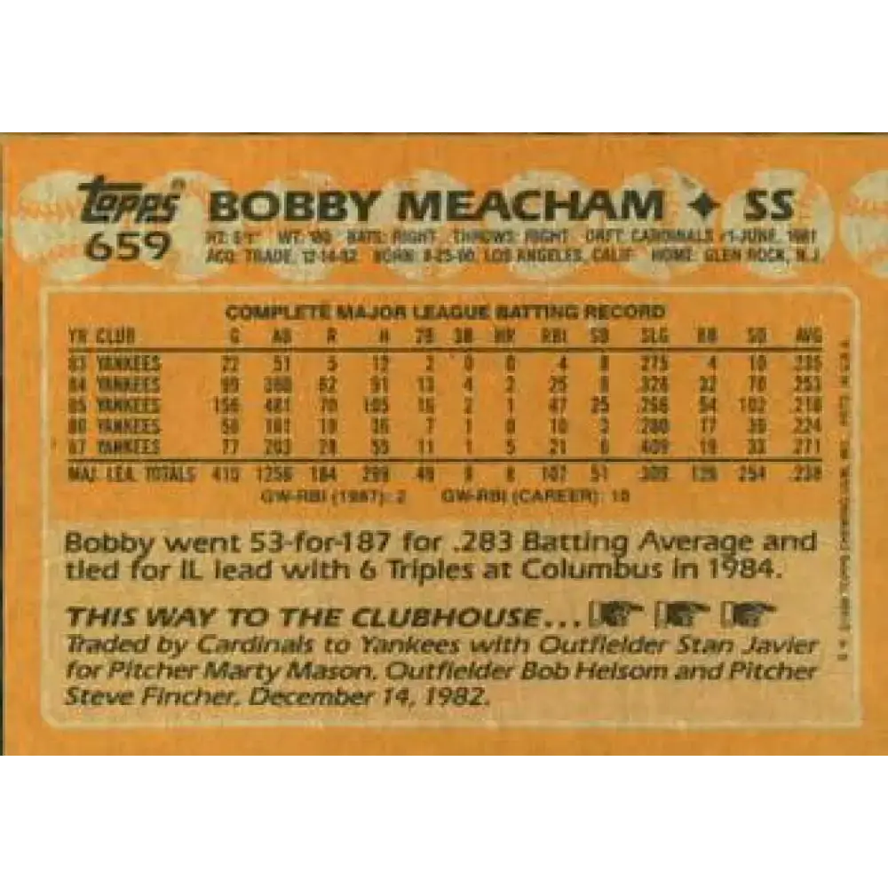 1988 Topps #659 Bobby Meacham NM-MT New York Yankees Baseball Card - Baseball Card Single