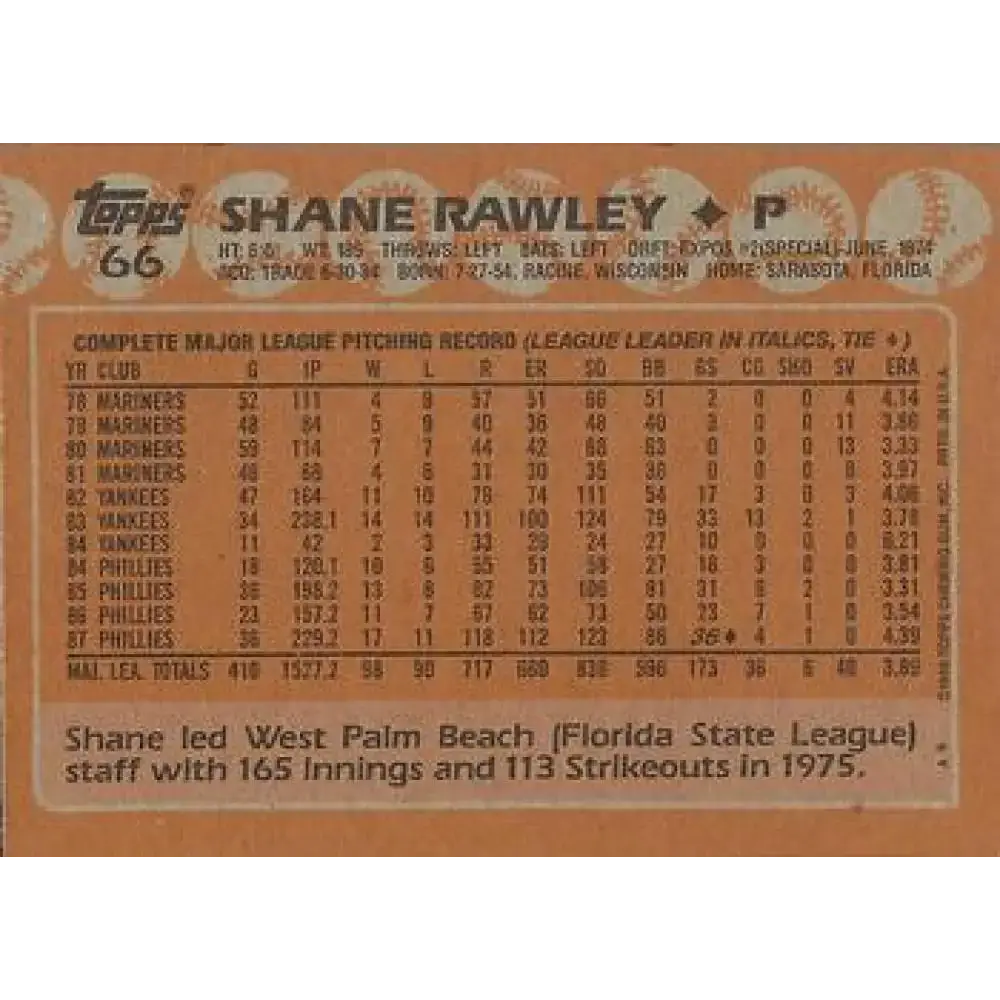 1988 Topps #66 Shane Rawley NM-MT Philadelphia Phillies Baseball Card - Baseball Card Single