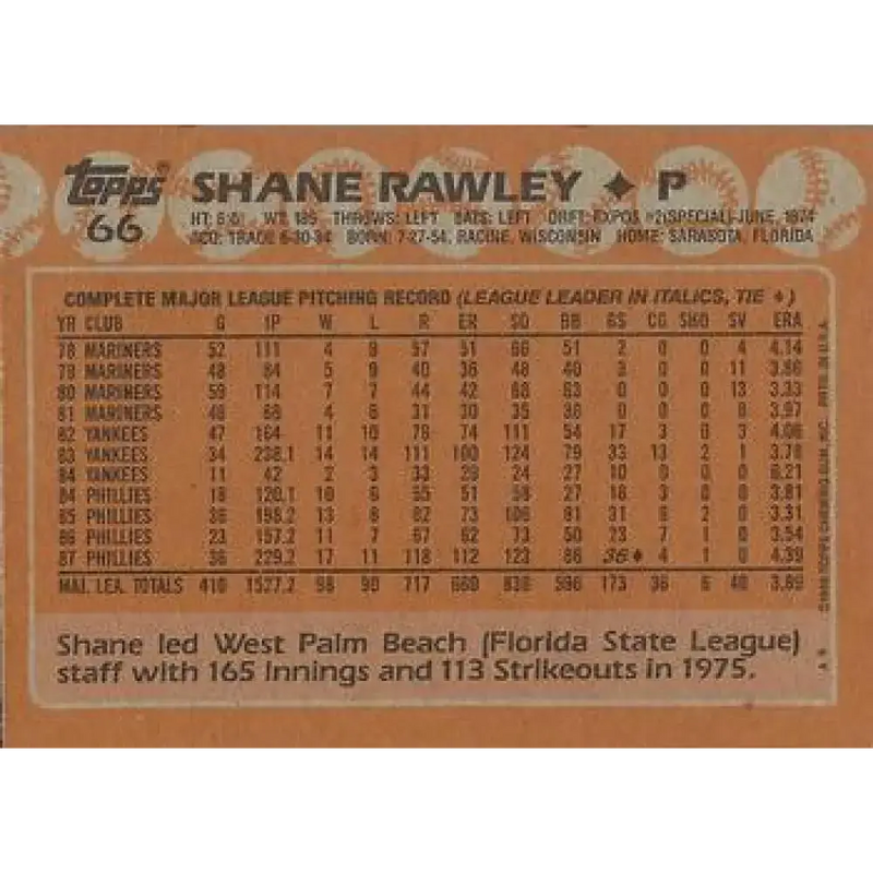 1988 Topps #66 Shane Rawley NM-MT Philadelphia Phillies Baseball Card - Baseball Card Single